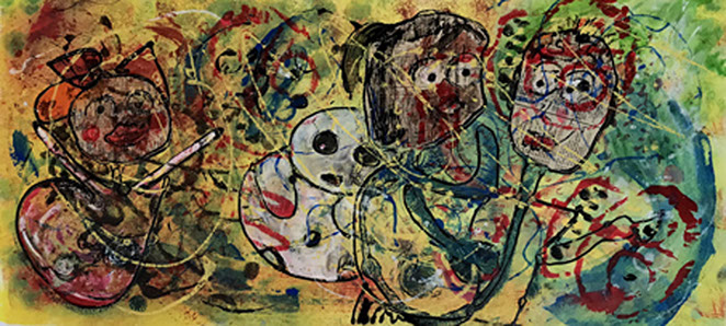 peinture de denise grisi incluant un cliché Hipstamatic, ballon , montgolfiére, ampoule, vent, nuage, ça avance,