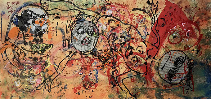 peinture de denise grisi incluant un cliché Hipstamatic, pinces à linge, barriére , liberté, regard étonné sur le monde,