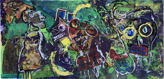 peinture de denise grisi incluant un cliché Hipstamatic, feuilles d'automne, bébé, cerf-volant, vent, arbre, encore l'automne