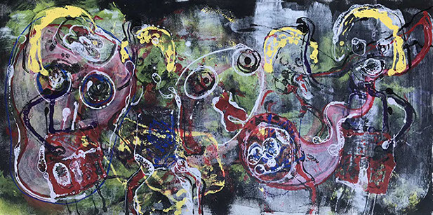 peinture de denise grisi incluant un cliché Hipstamatic, pluie, soleil, nuage, grenouille, escargot, abeille, nénuphar, aprés la pluie,