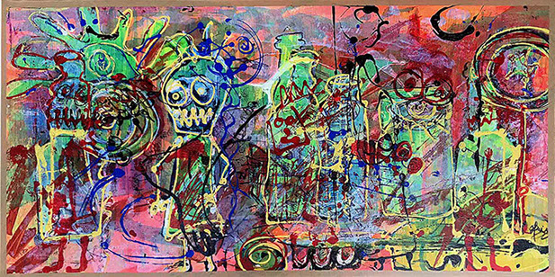 peinture de denise grisi incluant un cliché Hipstamatic, champagne gateau,chien,lune clin d'oeil , femme violoncelle