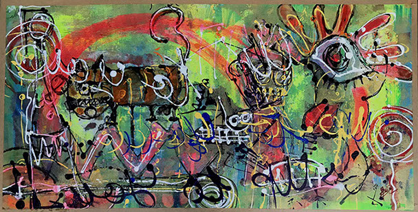 peinture de denise grisi incluant un cliché Hipstamatic, couple homme extraterrestre chatouillant une cantatrice sous le sein