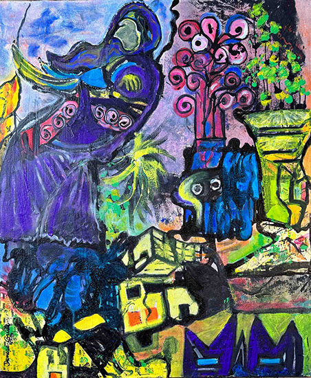 tableau evoquant un village avec une silouette,outsider art,art singulier, denise grisi,