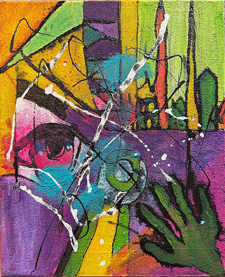 dripping,outsider art,art singulier denise grisi,tableau expressionniste abstrait figuratif main oeil couleurs vives pourpre orange style unique