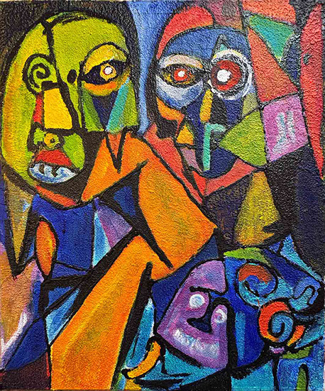 dripping outsider art art singulier, denise grisi,tableau expressionniste cubiste double portrait couleurs vives jaune bleu orange émotion inten