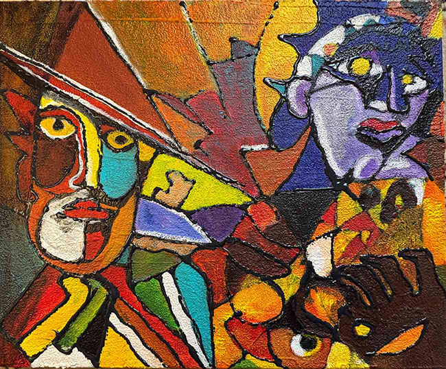 dripping,outsider art,art singulier, denise grisi,tableau expressionniste cubiste double protrait&nbsp; intensité spiritualité style unique texturé 